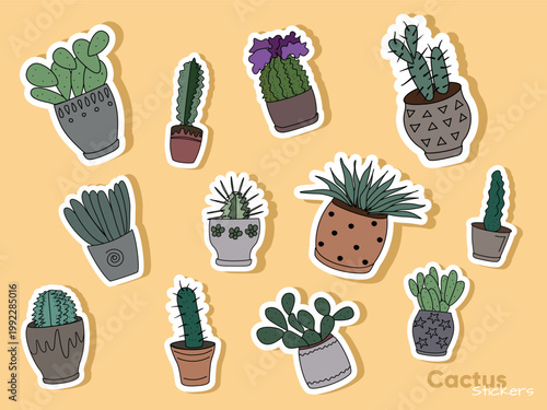 A colorful collection of various blooming cactus and succulent plants, perfect for desert and Mexican-themed designs. Cactus vector stickers