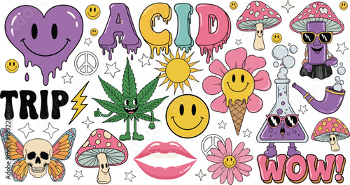 Groovy Psychedelic Retro Sticker Set with Smiley Face Mushroom Flower Skull and Trippy Elements Vector Collection