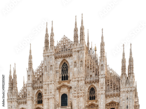 Bild auf Leinwand Isolated Milan Cathedral building, a magnificent Gothic landmark with ornate spires and statues in Italy