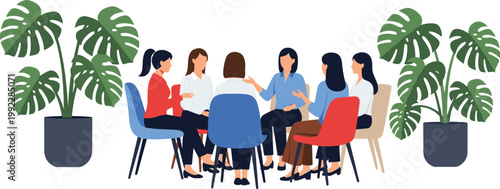 Group discussion illustration with six people sitting in circle, teamwork, communication, collaboration vector design with plants