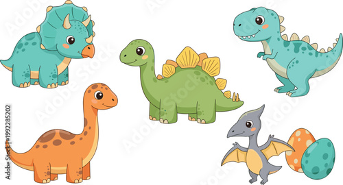 Cartoon dinosaurs with triceratops, stegosaurus, tyrannosaurus, sauropod, pterodactyl, eggs, playful children’s vector illustration design