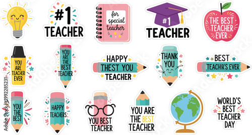 Colorful teacher appreciation stickers with pencils, apple, globe, graduation cap, notebook, creative thank you vector illustration design