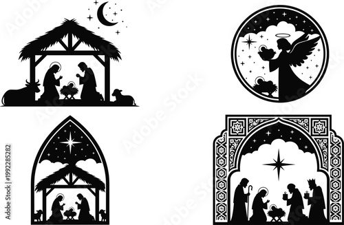 Nativity silhouette scenes with manger, angel, wise men, holy family, Christian Christmas vector illustration in black and white