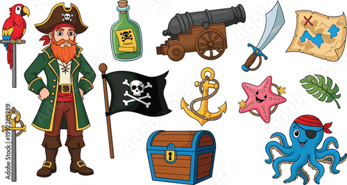 Cartoon pirate illustration with parrot, treasure chest, map, cannon, sword, octopus, playful sea adventure vector design