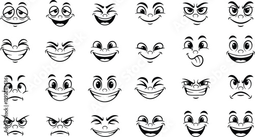 Cartoon facial expressions grid with happy, surprised, confused, angry, mischievous emotions, black‑and‑white line vector illustration design