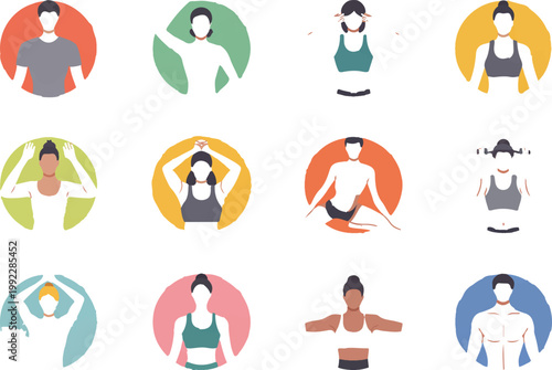 Fitness Pose Avatar Set  12 Minimal Athletic Icons in Colored Circular Backgrounds