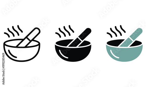 Three mortar and pestle icons in different colors on white background