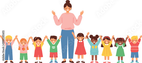 Joyful group of children with adult caregiver, colorful clothing, cheerful inclusive vector illustration showing happiness and community support