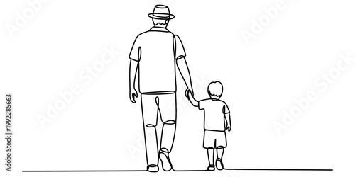 Minimalist one line drawing of a father and son walking together holding hands. Vector, illustration