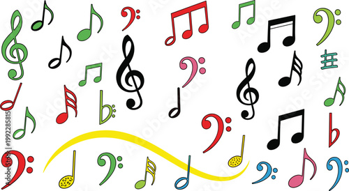 Colorful musical notes and symbols with treble clefs, bass clefs, vibrant playful vector illustration celebrating rhythm and melody