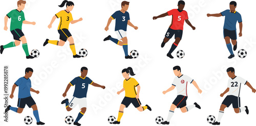 Dynamic cartoon soccer players dribbling colorful balls in diverse uniforms, energetic sports vector illustration showing teamwork and athletic movement