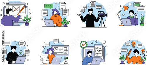 Creative people working with laptops, digital collaboration, online communication, brainstorming ideas, content creation, productivity vector illustration design