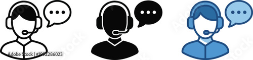 Customer service representatives with headsets and speech bubbles in black white and blue illustrating support and communication