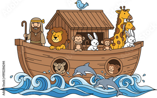 Noah's Ark Vector Illustration Featuring Noah and Various Pairs of Animals Like Lions Giraffes Monkeys and Dolphins on Ocean Waves for Bible Story Education
