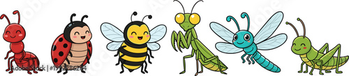 Colorful cartoon insects including ant, ladybug, bee, praying mantis, dragonfly, grasshopper, playful educational vector illustration design