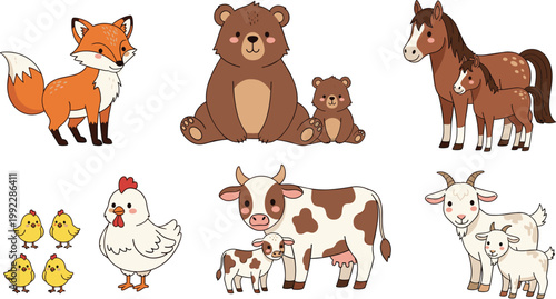 Cute cartoon farm and wild animals with babies, family illustration showing parents and offspring in playful friendly style