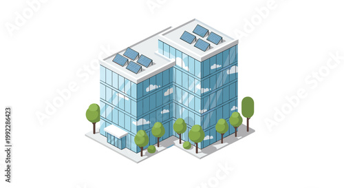 A large L-shaped isometric office building with reflective blue glass windows and rooftop solar panels sits surrounded by vibrant green leafy trees.