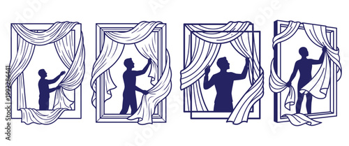 Set of four different silhouettes of men drawing or opening curtains, symbolizing light, privacy, and new beginnings.