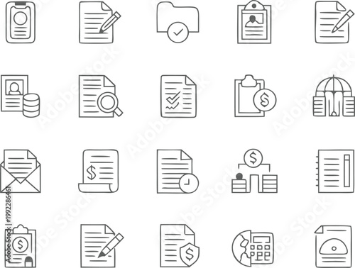 Document and file management line icons set. business paper, contract, and office agreement symbols.