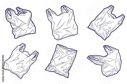 Collection of six crumpled and folded plastic shopping bags in various shapes and sizes, isolated on white, graphic design elements.