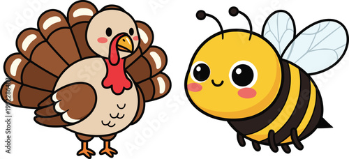 Cute turkey and bee cartoon character set with funny animals illustration for kids design adorable vector isolated collection