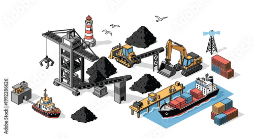 A busy industrial harbor scene shows a large grey crane and yellow excavator meticulously loading piles of black coal onto a waiting cargo ship vessel.