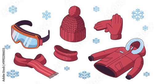 A cozy set of red winter apparel including a heavy parka, knitted hat, and warm gloves is displayed alongside orange goggles and delicate blue snowflakes.