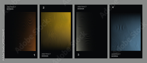 Set of abstract posters with wavy lines patterns in orange yellow grey blue colors on black background minimalist graphic design vector.