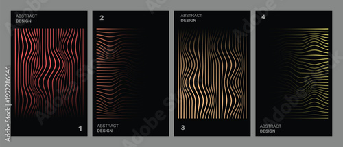 Minimalist poster collection featuring distorted line patterns in red orange gold and yellow shades on dark background vector art design.