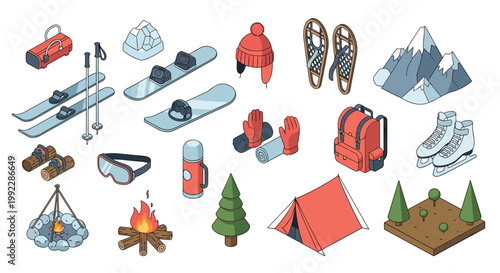 Various isometric winter sports and camping gear items including skis, snowboards, a red tent, and a warm campfire are displayed on a clean white backdrop.