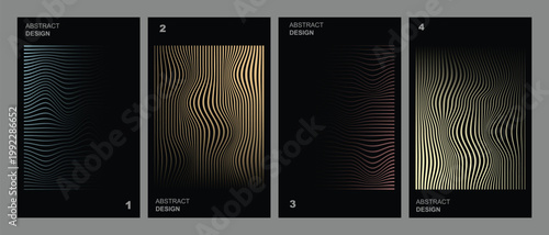 Abstract flyer templates with wavy linear elements in blue beige brown and yellow color palette on black backdrop vector illustration set.