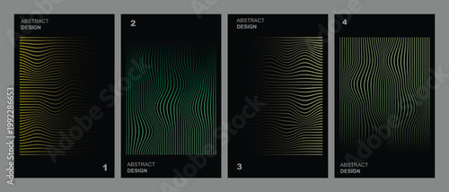 Set of modern cover designs with distorted line textures in yellow green gold and lime colors for branding and social media vector images.