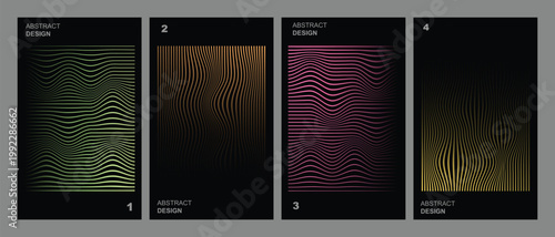 Four vertical abstract designs featuring wave line patterns in light green copper pink and yellow gradients on black background vector art.