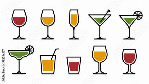 Modern Wine & Cocktail Glass Outline Icon Set  Minimal Bar Drink Collection