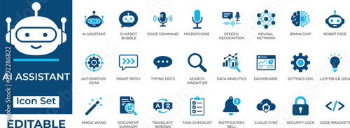AI assistant and artificial intelligence technology vector icon set. Editable UI symbols for chatbot, machine learning, and automation.