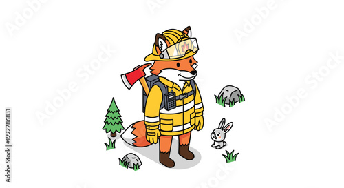 Brave orange fox firefighter wearing a detailed yellow protective suit and carrying a red axe stands near a tiny rabbit in a forest setting on white space.