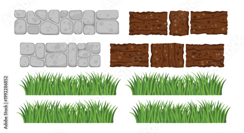 Detailed horizontal game textures present various environmental layers including grey stone masonry and dark brown soil strata alongside green grass tufts.