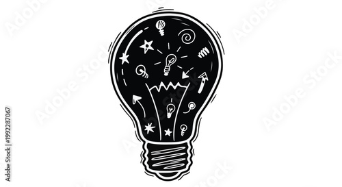 Lightbulb icon filled with creative symbols represents a bright idea and innovation.