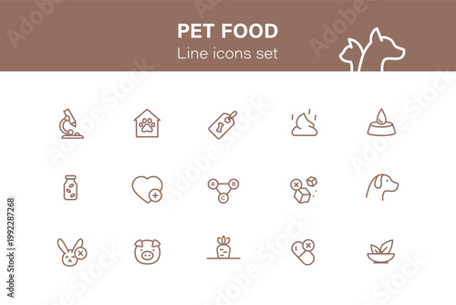 Set of pet food line icons featuring various symbols like nutrition, laboratory testing, and animal types. The collection represents pet care and dietary health standards