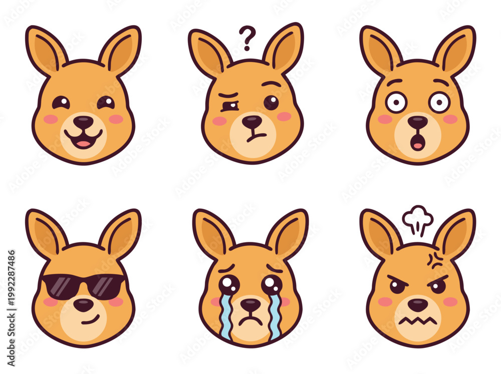 Fototapeta premium Kangaroo Face Emoticon Set.