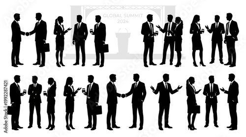 Vector silhouette of business people networking at global summit event in conference hall