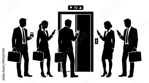 Businesspeople in silhouette vector form wait by elevator
