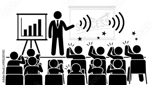 Businessman presents vector silhouette to engaged audience in meeting room