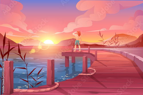 Sunset landscape cartoon with man standing on wooden pier gazing at distant horizon. Serene lake scene with pink sky reflections, mountain silhouettes and peaceful summer evening atmosphere.