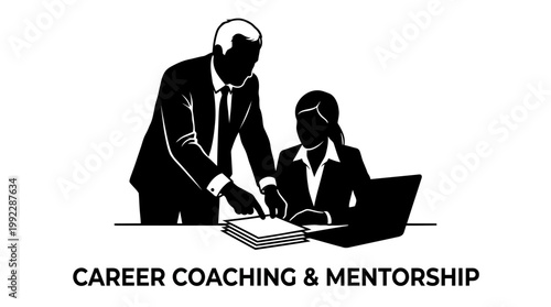 Vector silhouette of business people discussing career coaching and mentorship