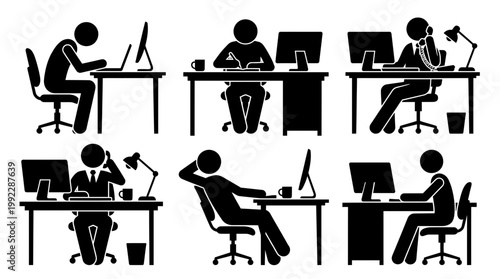 Vector silhouette of office workers sitting at desks in various positions