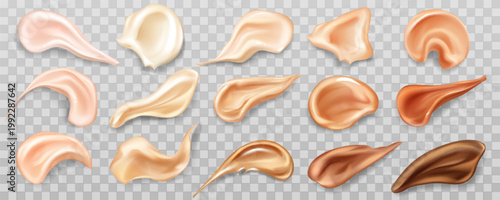 Foundation makeup cream smear swatch with elegant silky texture. Concealer liquid cosmetic smudge on transparent background. Beige foundation drop with brush stroke for flawless skin beauty.