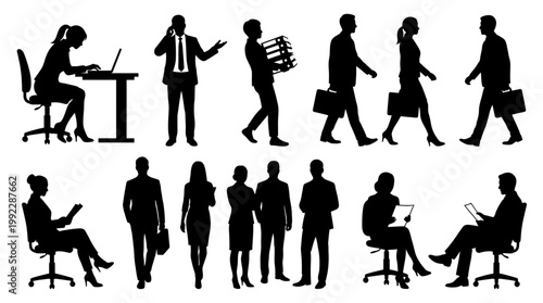 Business professionals in various poses and activities depicted in silhouette vector graphics