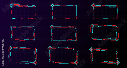 Futuristic Digital Frames HUD with technological interfaces. Cyberpunk design elements for streaming and overlay graphics. These frames create a high-tech vibe