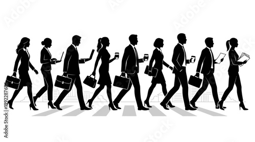Business people walking in silhouette vector across a city street